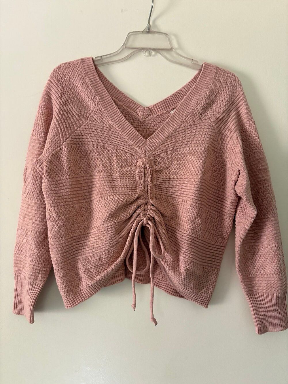 Slouchy Ruched Pink Cropped Sweater L M V Neck Coquette Fairy Full Circle Trends - Picture 2 of 8